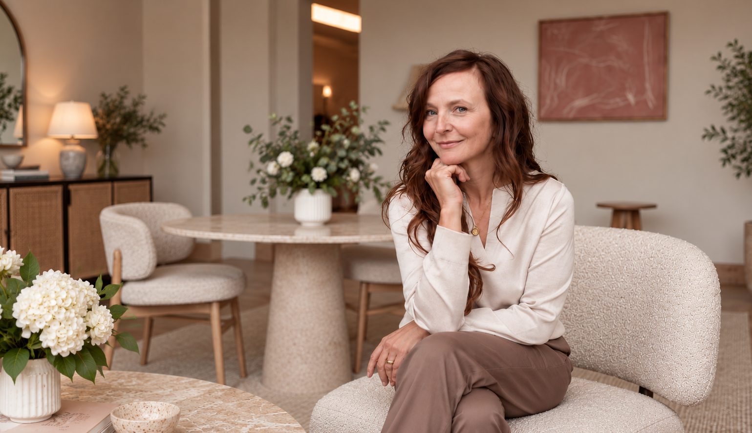 Virgine De Paepe seated in a warm, modern home