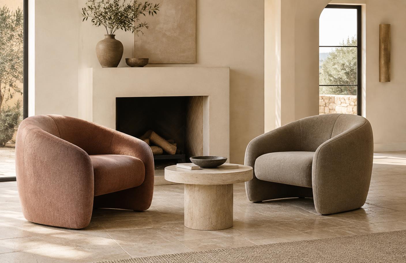 Two contemporary chairs angled toward one another